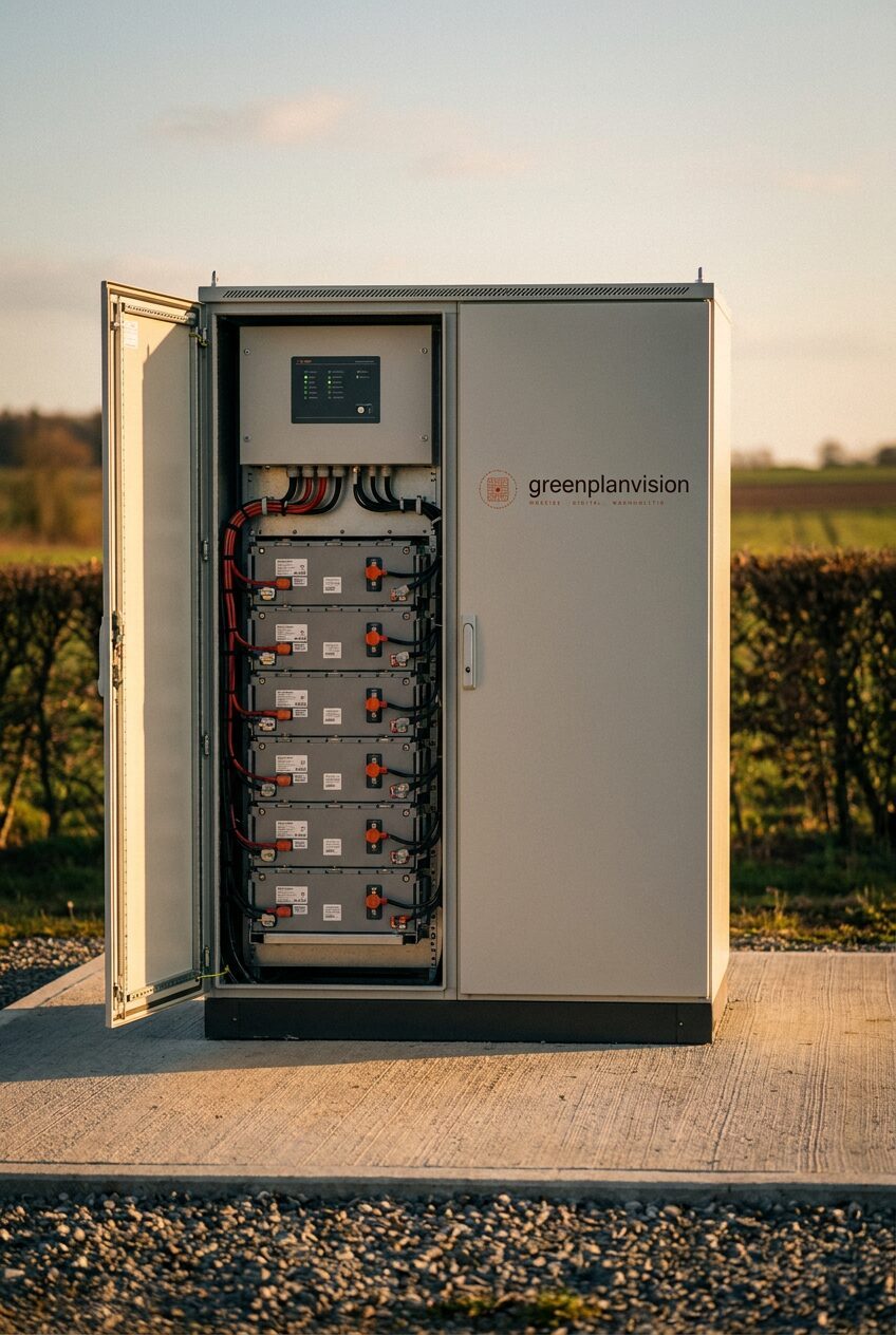 Geöffneter Batteriespeicher-Schrank mit Modulracks und Steuerpanel